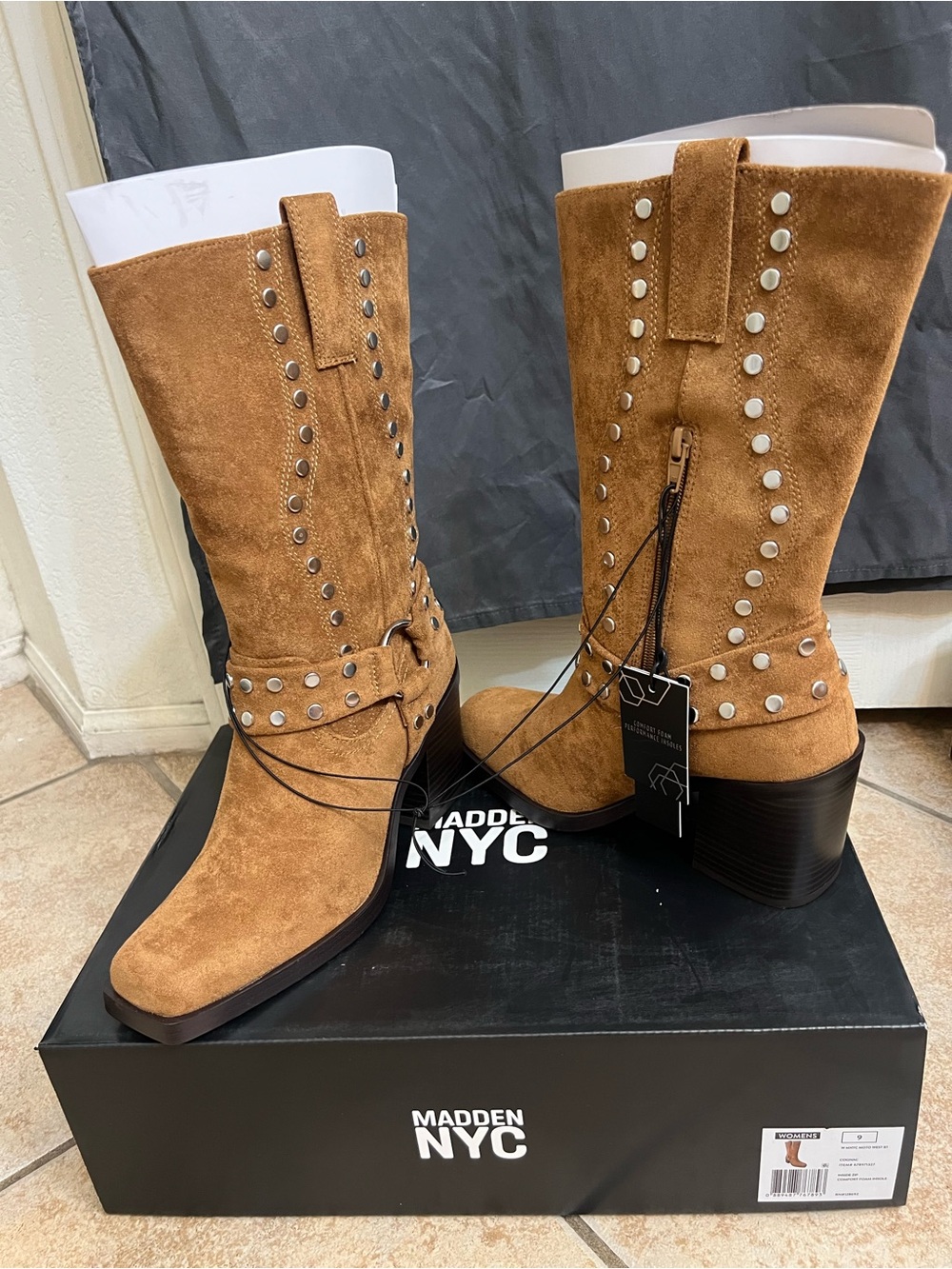 NWB Madden NYC Women's Tan Suede silver Studded Mid-Calf cognac Boots size 11